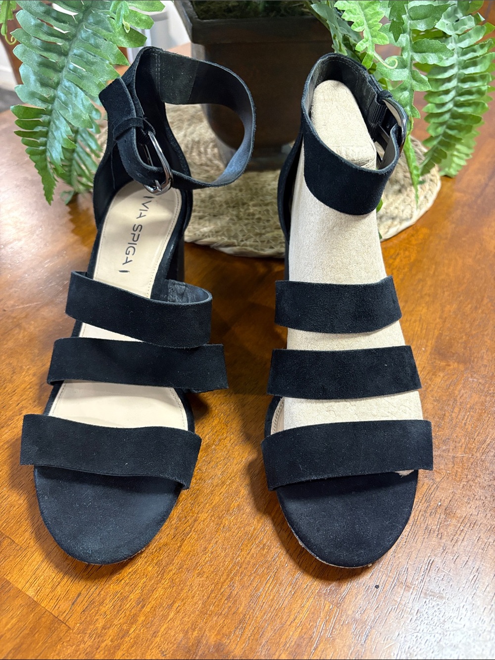 Via Spiga Black Suede Strappy Heels with Ankle Buckle